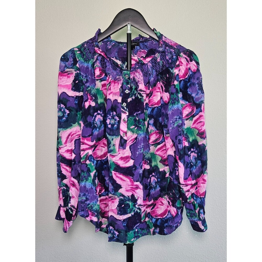 Talbots Womens Large Floral Blouse Purple Pink Button Front Smocked Neck L/S
